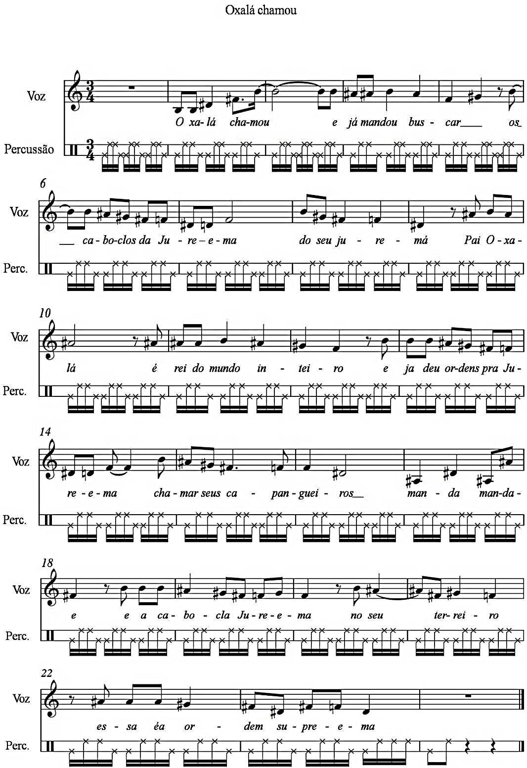 Music sheet 5. Incorporation ponto: Oxala chamou